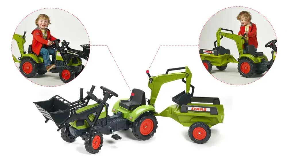 Šlapací traktor Claas Arion 410 se 2 lžícemi, valníkem