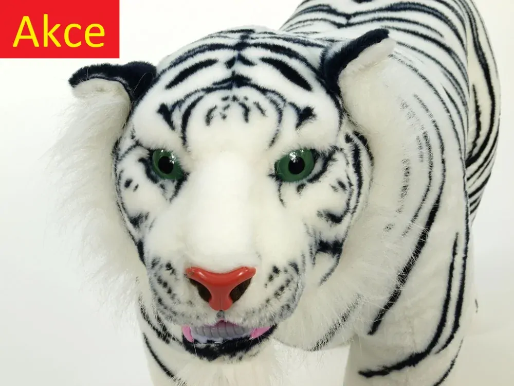 Velký plyšový tygr stojící, délka 178 cm, výška 74cm, bílý