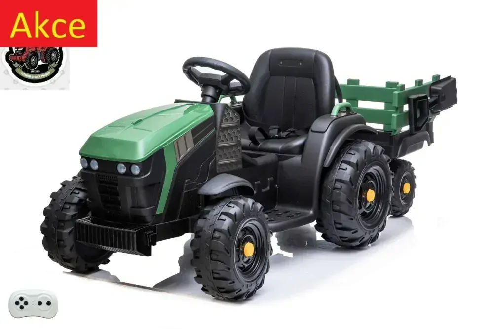 Dětský elektrický farmářský traktor s vlekem a lopatou, DO, zelený