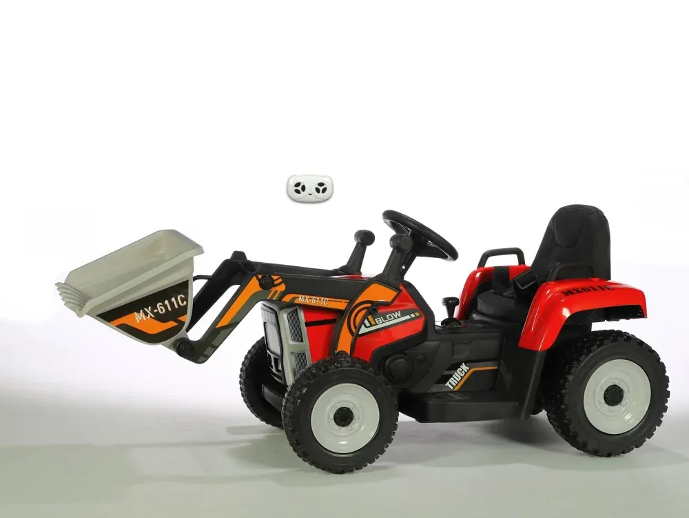 Elektrický rozkošný traktor s funkční nakládací lžící,  DO, červený