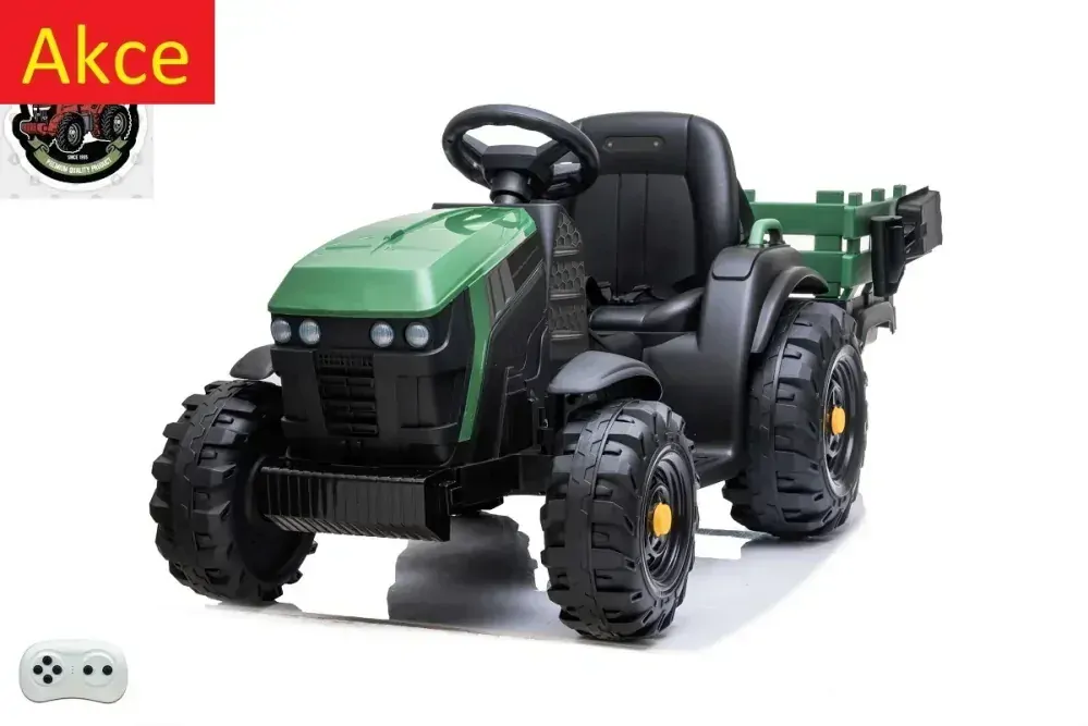 Dětský elektrický farmářský traktor s vlekem a lopatou, DO, zelený