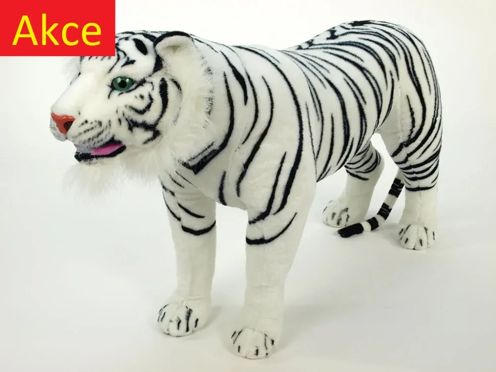 Velký plyšový tygr stojící, délka 178 cm, výška 74cm, bílý