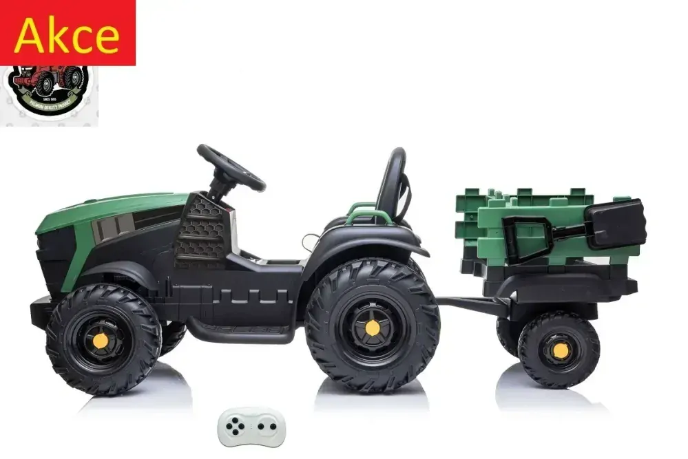 Dětský elektrický farmářský traktor s vlekem a lopatou, DO, zelený